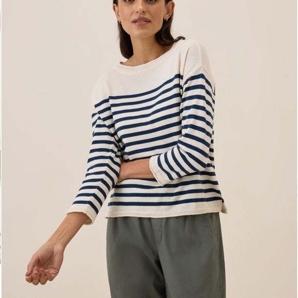 Pact Sweaters - Pact Navy Laguna Stripe Classic Fine Knit Boat Neck Sweater